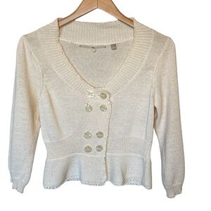 Anthropologie Knitted & Knotted Cream Crop Button Front Cardigan Knit Sweater M